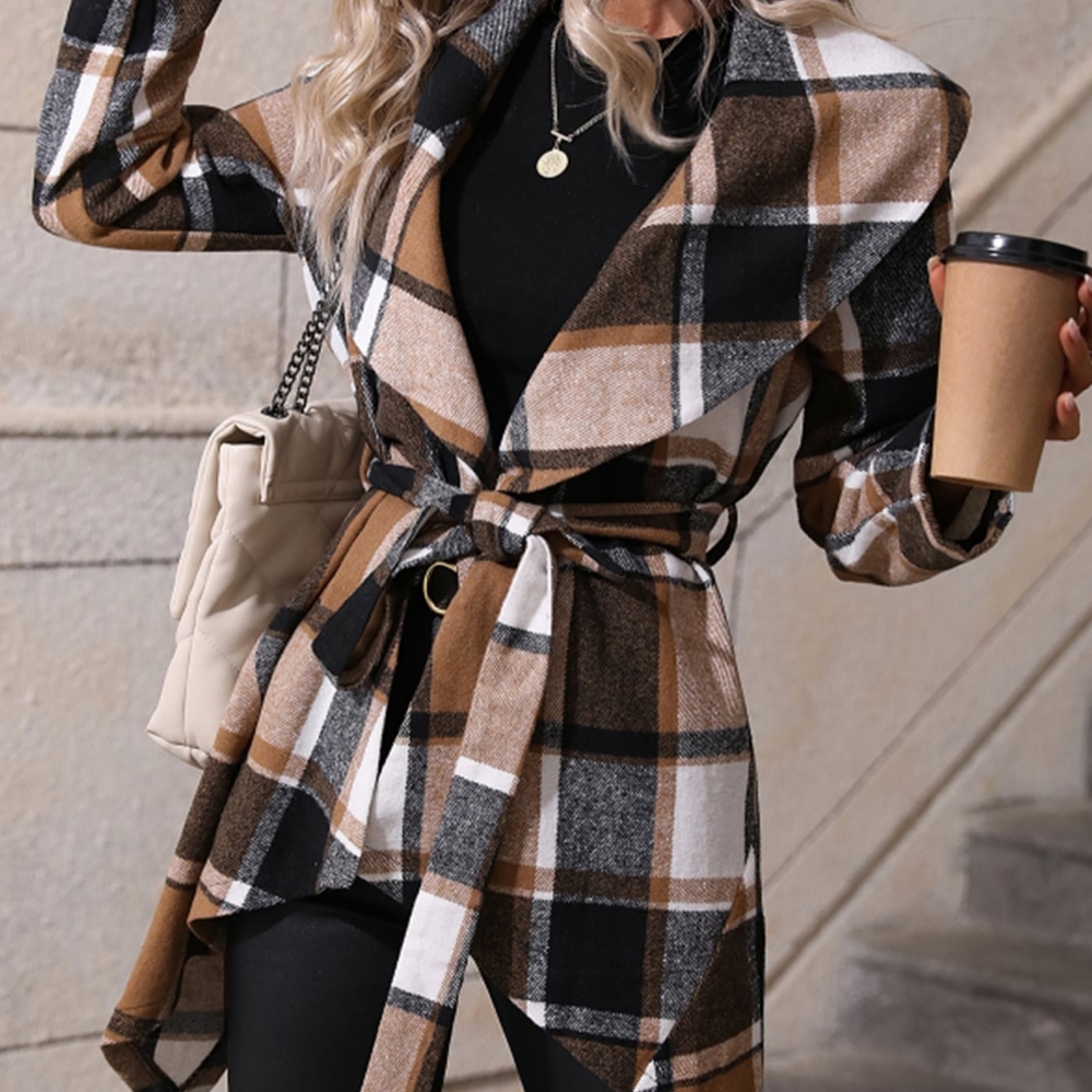 Waterfall Collar Asymmetrical Hem Belted Coat - Picture 3 of 5